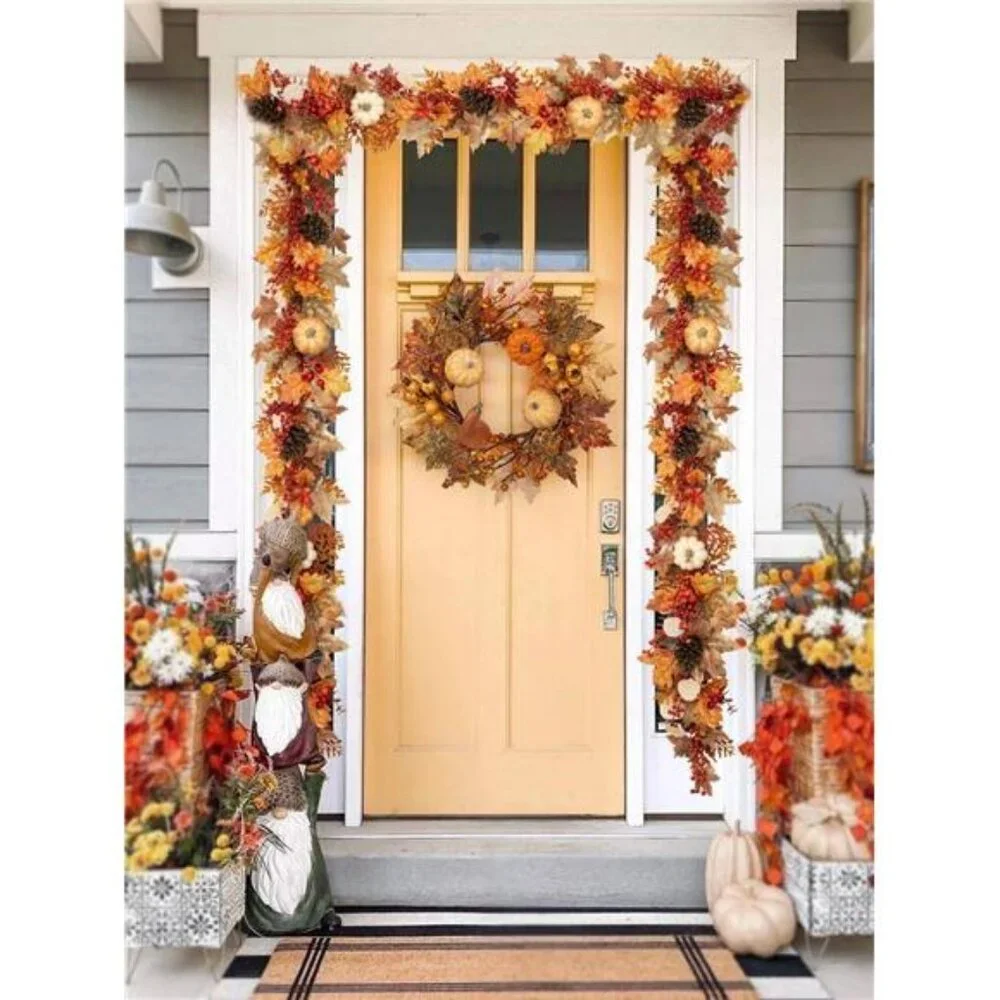 6Ft Fall Porch Decorations Outdoor for Home Backdrop Pumpkins Berries Pine Cones